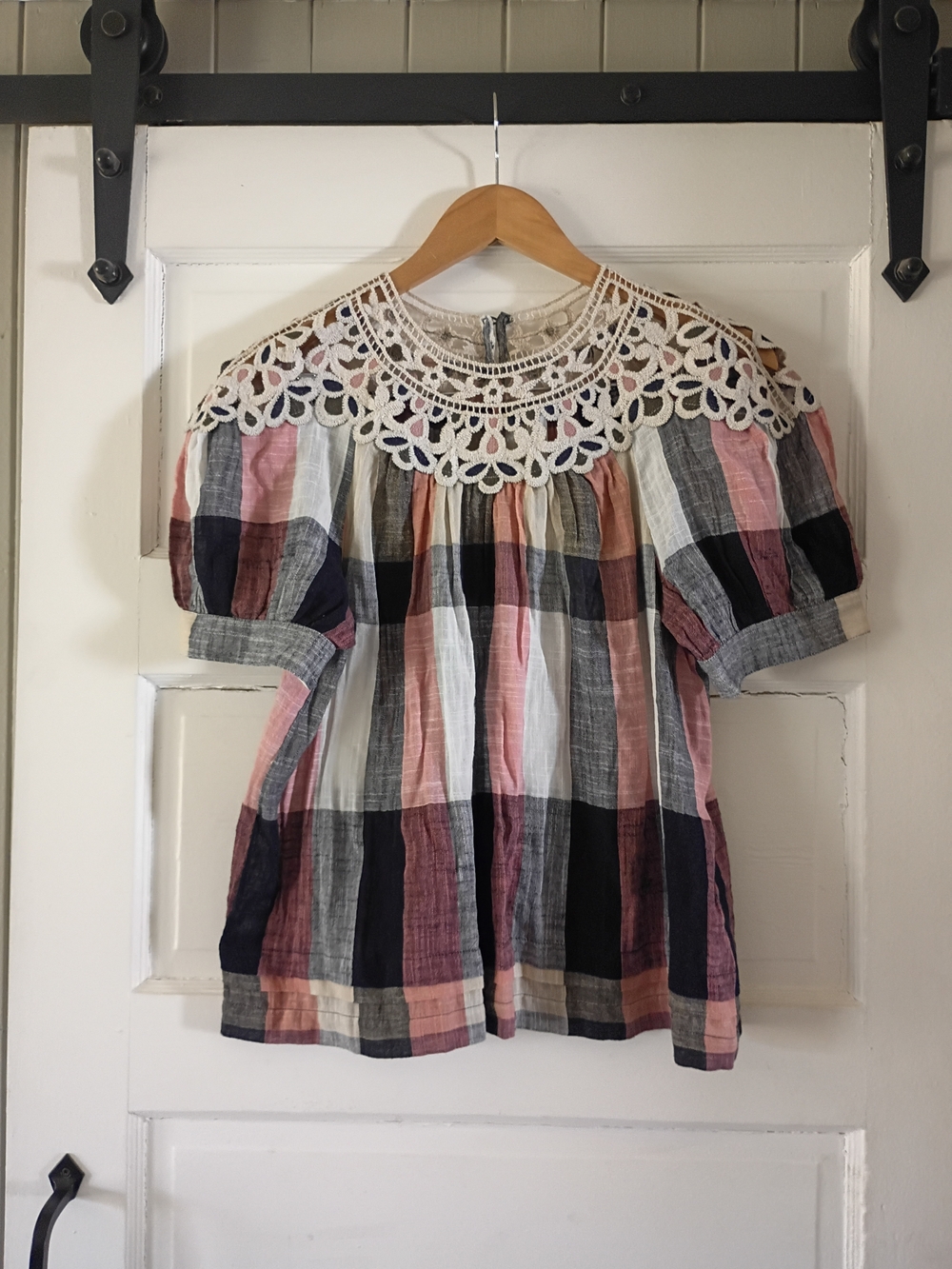 Anthropologie cream crochet top with pink and navy floral accents